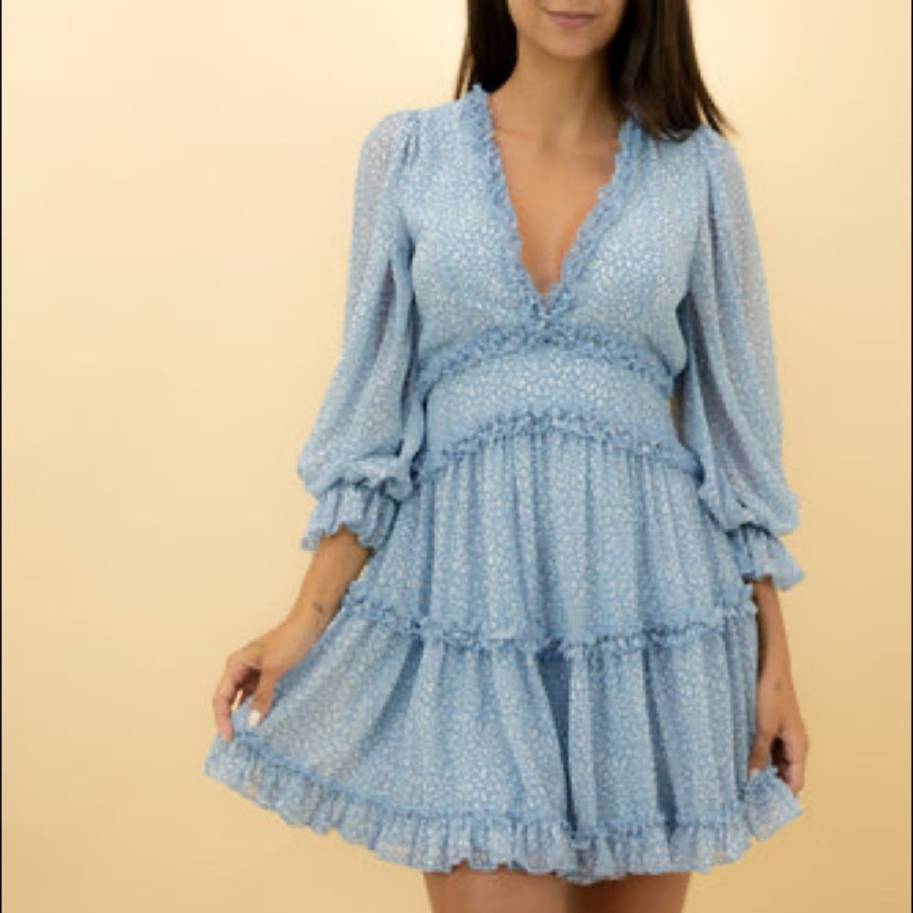 EDITE MODE: Fashion Blue Floral Print V-Neck Ruffle Dress
